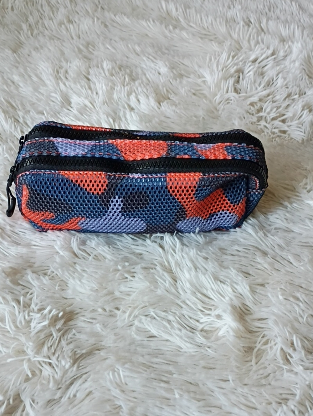 Camouflage Mesh Double-Zip Pencil Case - Orange & Blue